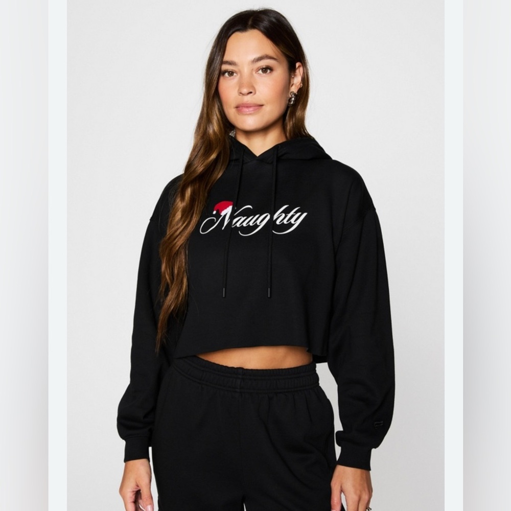 Fabletics, cozy fleece cropped, holiday naughty hoodie, large new with tags